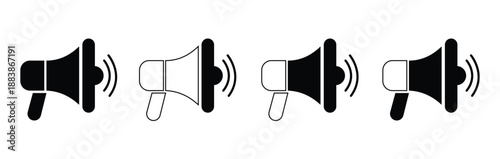 Minimalist megaphone icon set with thin line and solid black versions showing sound waves and broadcast