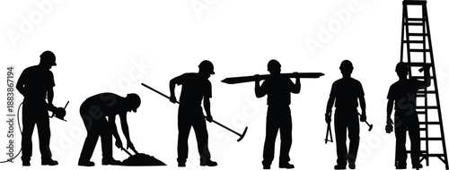 Construction workers silhouette, jackhammer operator, shovel laborer, rake worker, plank carrier, tool user, ladder worker, teamwork, building industry, vector illustration