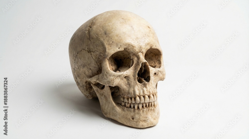 Obraz premium Realistic human anatomy model replica of a dried beige skull showing detailed bone structure isolated on a bright white background with shadow.