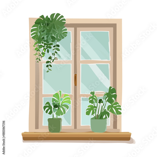 Window with white frame and potted green plants on the sill for home interior and cozy living room design
