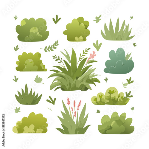 Assorted landscape bushes and garden shrubs for creating lush green park environments and nature themed graphic design projects