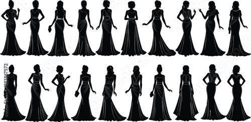 Elegant women silhouettes, evening gown poses, fashion design vector, stylish dress collection, cad drawing flat vector illustration, black graphic set