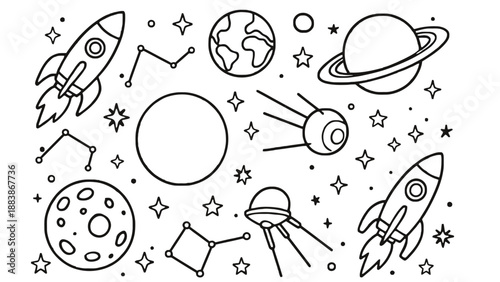 Whimsical doodle illustration of rockets, planets, and stars in outer space.