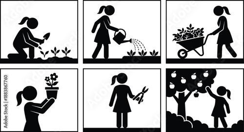 Gardening woman silhouette, planting, watering, harvesting poses, lifestyle activity vector set, cad drawing flat vector illustration, black graphic icons