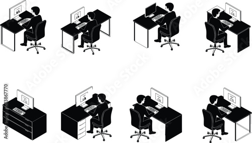 Office desk isometric vector, people working on computers, remote work setup, cad drawing flat vector illustration, black graphic icons