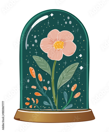 Beautiful orange flower inside a glass terrarium dome for elegant and modern botanical home decoration display