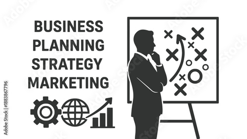 A businessman in a suit stands thoughtfully in front of a marketing strategy board with a white background.