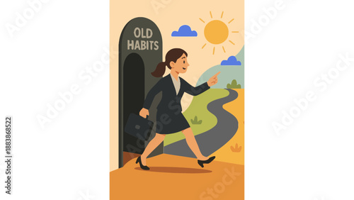 A businesswoman leaves old habits behind and walks towards a brighter future.