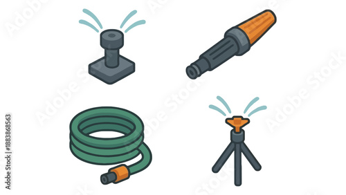 A collection of gardening tools and equipment for watering plants