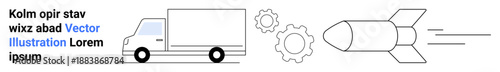 Logistics, innovation, business strategy, technology, process automation, product development. A delivery truck next to gears and a rocket in motion. Logistics and innovation concept