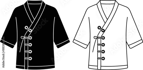 Traditional martial arts gi jacket illustration set showing black and outline versions, Asian clothing design, karate judo uniform top isolated on white background