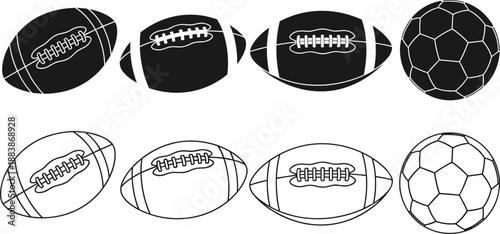 Vector illustration of American footballs and soccer balls in black and white styles, ideal for sports design, equipment comparison, and athletic-themed graphics.