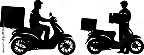 Vector illustration of delivery workers with scooters in silhouette style, showing driving and package handling actions, ideal for logistics, courier, and urban transport themes.