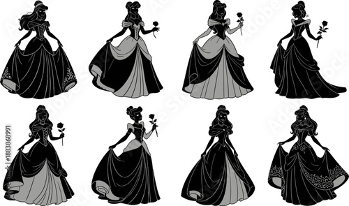 Vector illustration of elegant women in ball gowns holding roses, featuring varied poses and dress designs, ideal for fashion, royalty, and artistic themes.