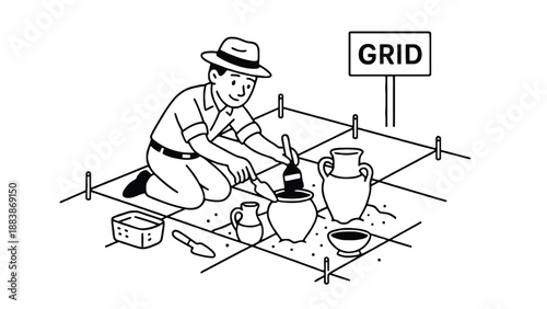An archaeologist excavating ancient artifacts in a grid system