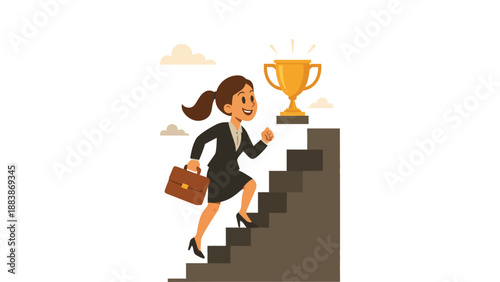 A determined businesswoman climbing the stairs to success with a trophy ahead