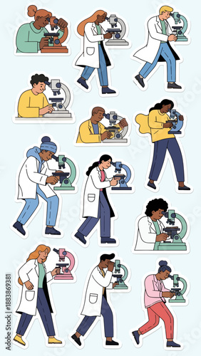 Diverse scientists conducting research in a laboratory setting viewed from various angles