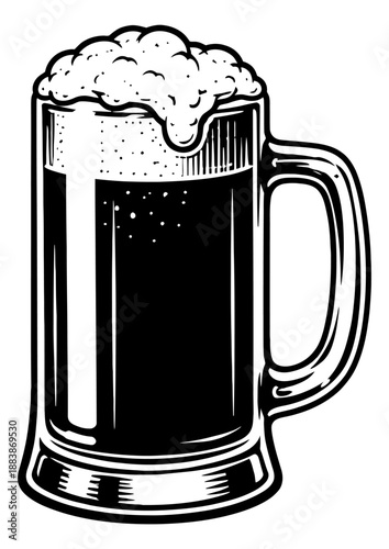 Retro line art illustration of a beer mug depicting a frothy dark beverage for beverage menus and pub designs