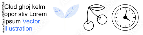 Graphic design, branding, education, minimalism, time management, nature. Features a leaf, cherries and a clock next to placeholder text. Nature and time management concepts