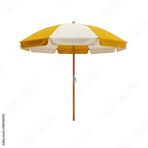 Yellow and white striped beach umbrella parasol with wooden pole isolated
