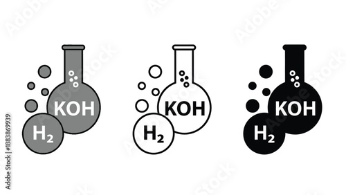 Chemical reaction illustration with beakers and bubbles in different colors