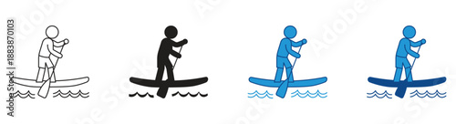 Paddleboarding icon set. Paddleboarder Paddling on Water with Paddle . Vector illustration.