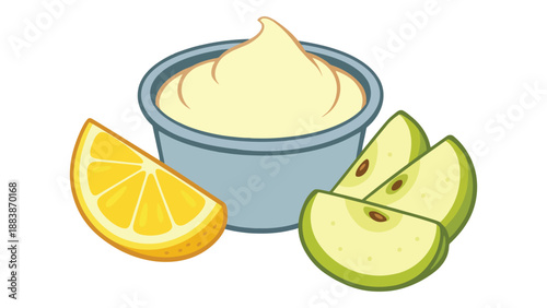 A bowl of creamy dip with sliced apple and lemon on a white background