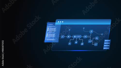 AI workflow automation artificial intelligence. ai agent network diagram dashboard machine learning processing flow and automation system.