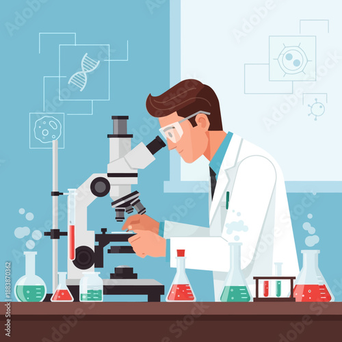 Scientist looking through microscope in laboratory, DNA, cells, research, science, innovation