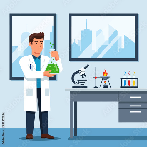 Scientist in Lab Coat Holds Flask with Green Liquid, Microscope and Bunsen Burner