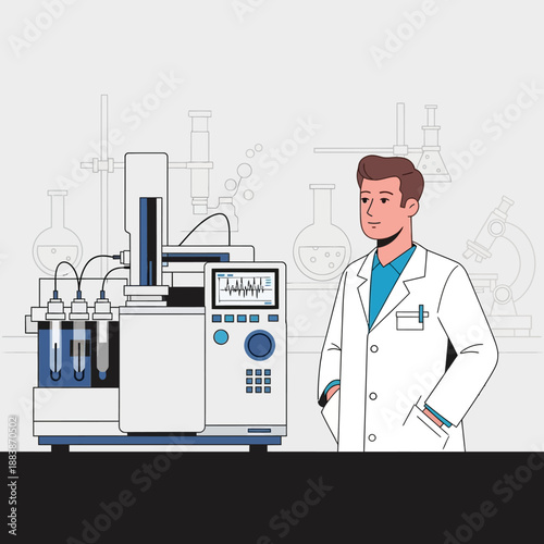 Scientist in Lab Coat Next to Chromatography Machine with Beakers and Microscope