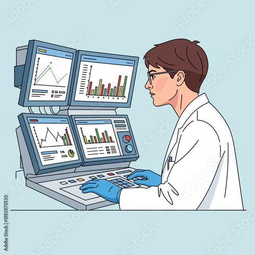 Scientist Analyzing Data on Multiple Computer Screens in Laboratory
