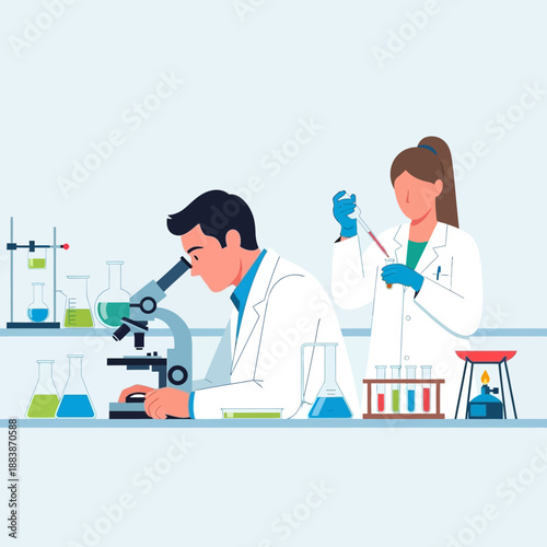 Scientists Working in Laboratory with Microscope and Test Tubes