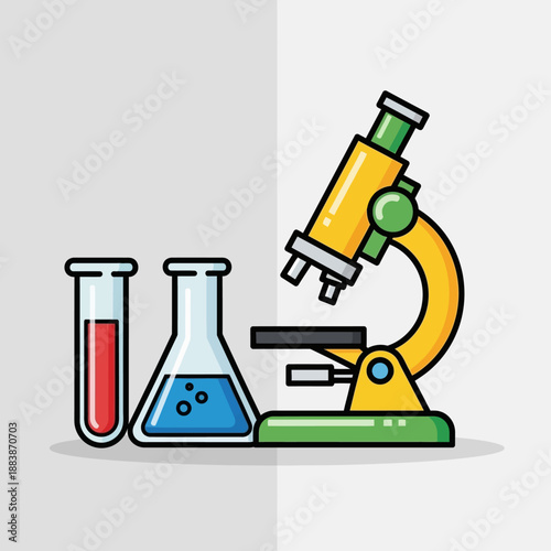 Microscope and laboratory flasks with colored liquids for science research