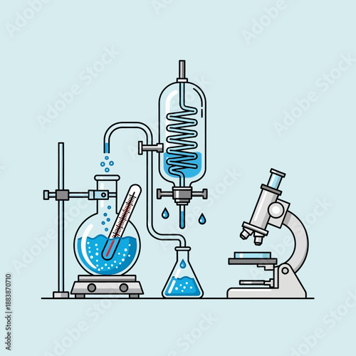 Laboratory setup with distillation apparatus, thermometer, and microscope