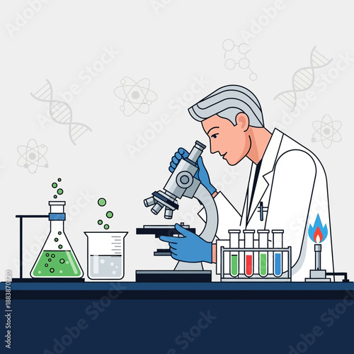 Scientist examining sample under microscope in laboratory with DNA and molecules