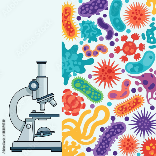 Microscope and Colorful Bacteria Cells Pattern - Science and Microbiology Concept