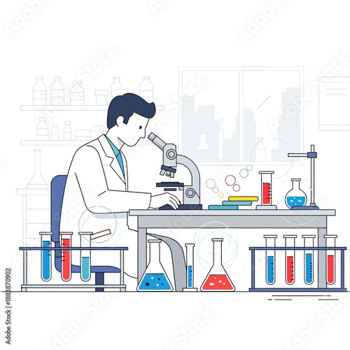 Scientist working with microscope in laboratory, research, experiment, science