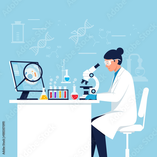 Scientist in Lab Coat Using Microscope, DNA and Molecules on Computer Screen