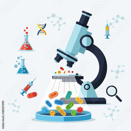 Microscope and Bacteria Research - Scientific Laboratory Flat Design