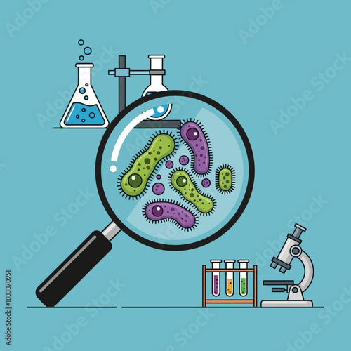 Microscopic Bacteria Under Magnifying Glass, Laboratory Equipment, Science Illustration