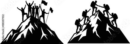 Successful team celebration and teamwork silhouette on mountain peaks, climbers helping each other to summit, symbolizing leadership, achievement, cooperation, motivation and business success concept