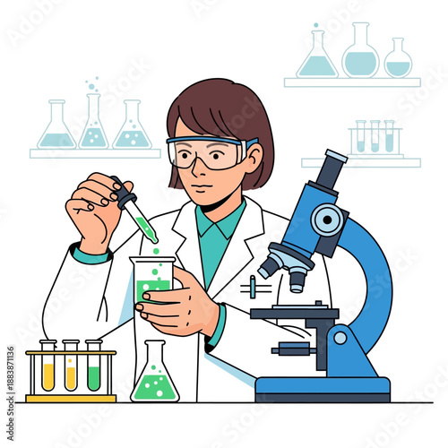 Scientist conducting experiment with microscope and beakers in laboratory