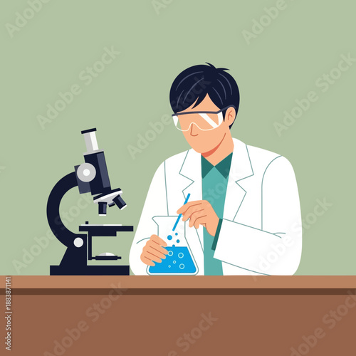 Scientist conducting experiment with microscope and flask in laboratory