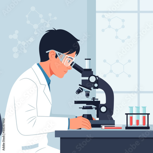 Scientist working with microscope in laboratory, conducting research, medical science concept