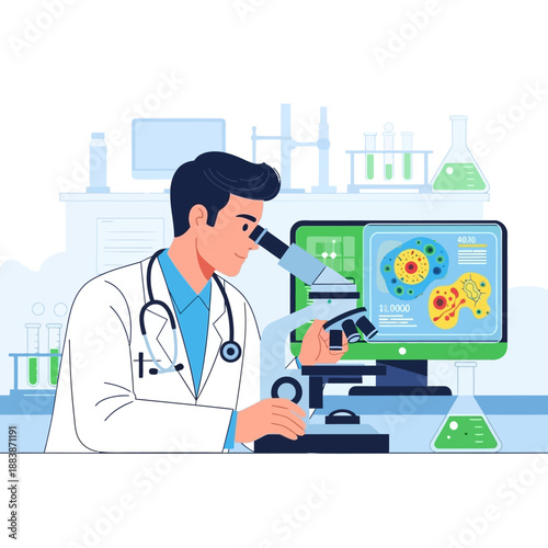 Scientist examining cells under microscope, laboratory research, scientific discovery