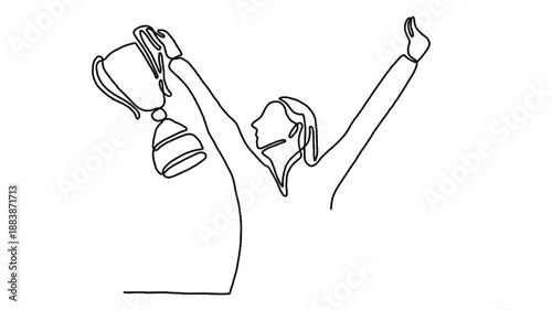 Continuous line animation of woman holding trophy