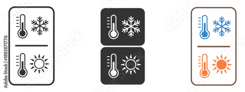 Weather temperature thermometer icon vector illustration, cold snowflake and hot sun symbol for climate control, seasonal forecast, meteorology concept, modern flat design technology