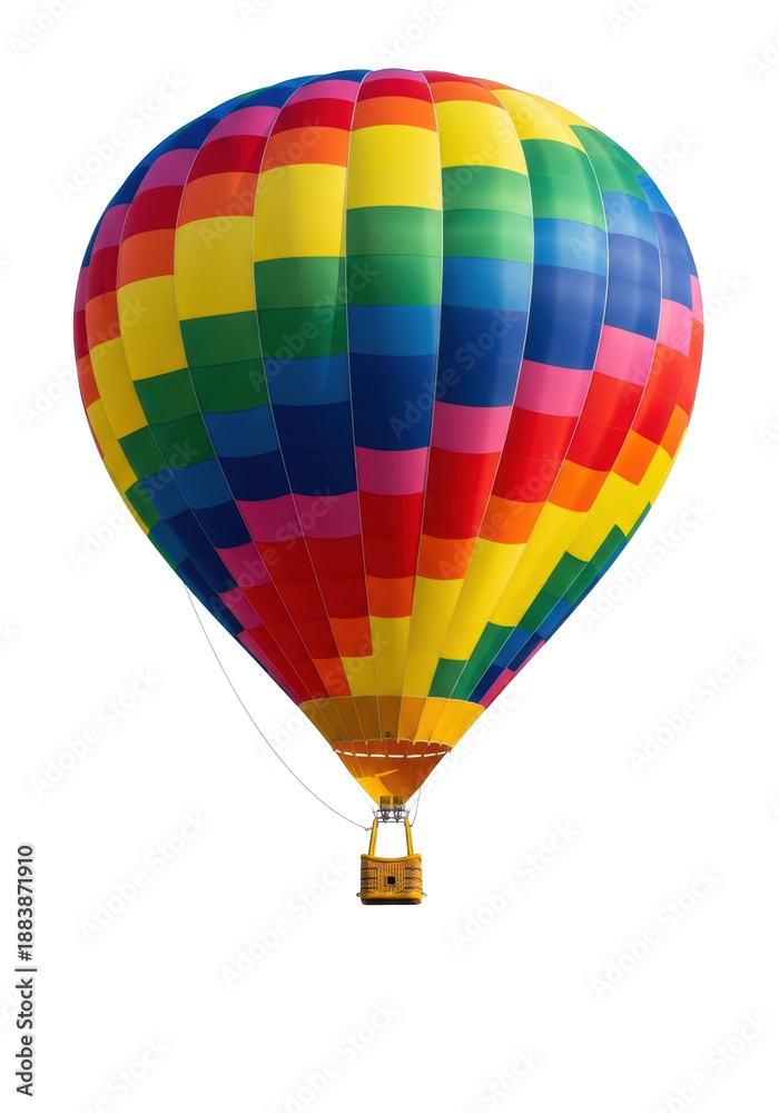 Fototapeta premium Vibrant hot air balloon with colorful striped geometric patterns and yellow basket, on a transparent background with professional studio lighting, vibrant display concept