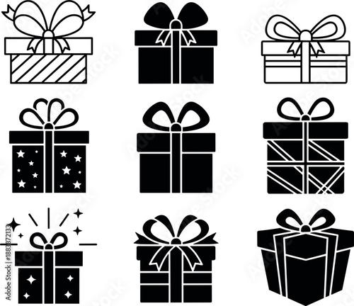 Set of black gift box icons with various bows and patterns isolated on white background for holiday celebration birthday surprise and e-commerce delivery concepts